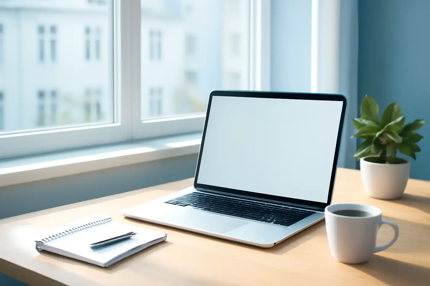 Werkplek met laptop en notitieblok bij het raam